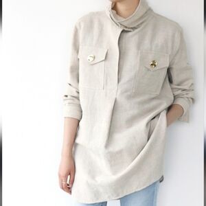 BY MALENE BIRGER Bellah canvas linen turtleneck tunic in ecru beige gold US 2